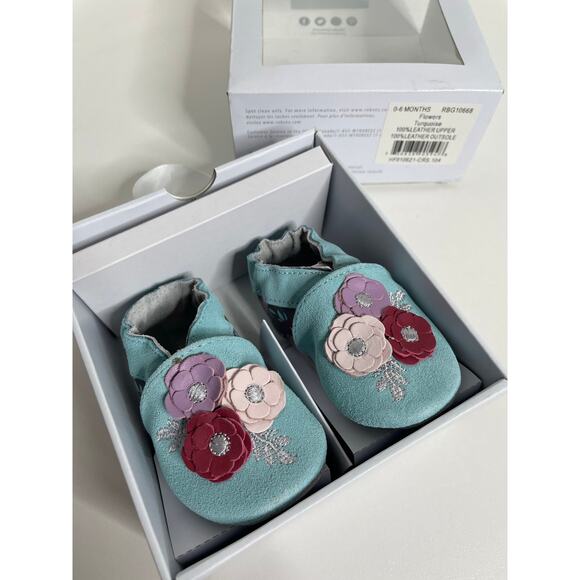 NEW Robeez 0-6 Mo Leather Moccasins Floral Flowers Turquoise - Picture 2 of 8